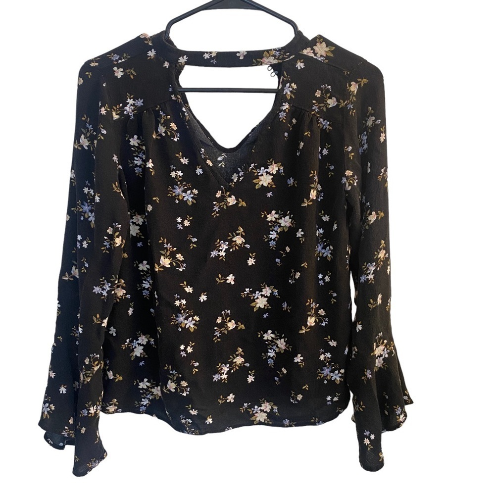 American Eagle Outfitters Black Floral Bell Sleeves Top Sz S